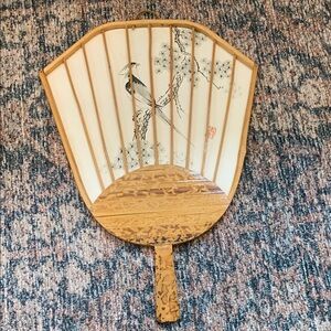 Vintage Hand-stamped Bamboo and White Wall Fan Bird Decor